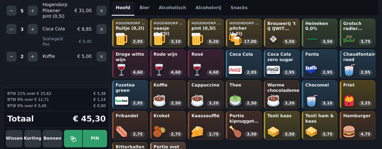 A hospitality till in daily service: the running bill on the left, the product grid on the right