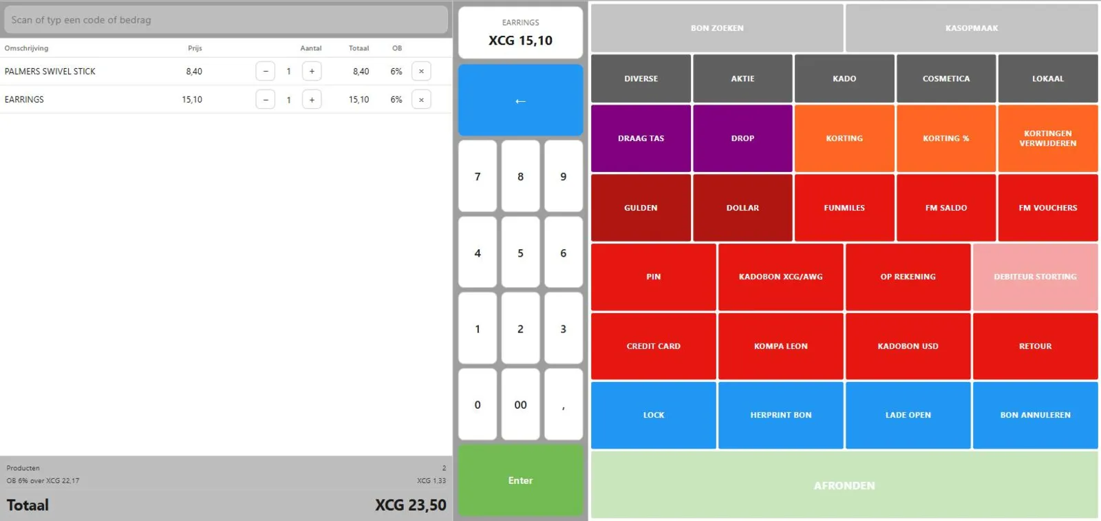 A retail till: scanned lines with prices and tax, a numeric keypad and the payment and function keys
